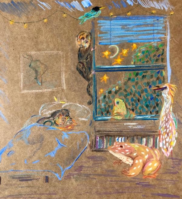 Illustration of sleeping person with open window.  There is a monkey on the window and a frog in the room.