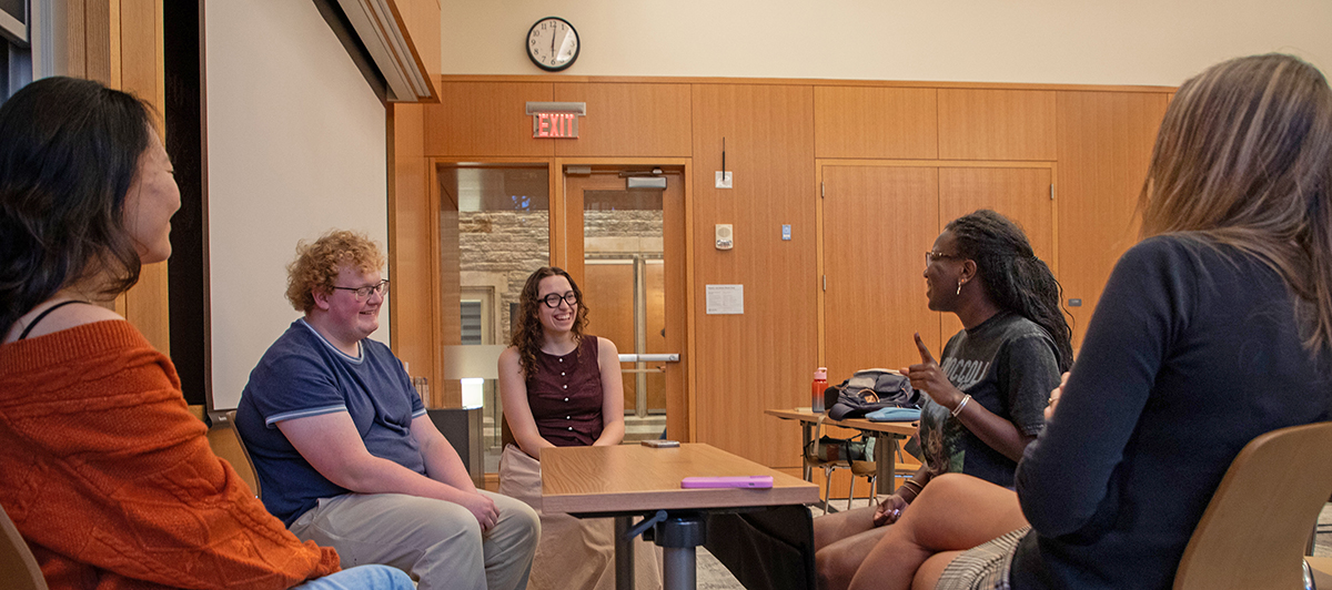 From left, Jen Serena, MRPL '26, Marshall Laidlaw, MDiv '27, Lexi Kallaher, MTS '26, Jasmyne Harper, MTS '27, and Grace Harlan, MTS '27