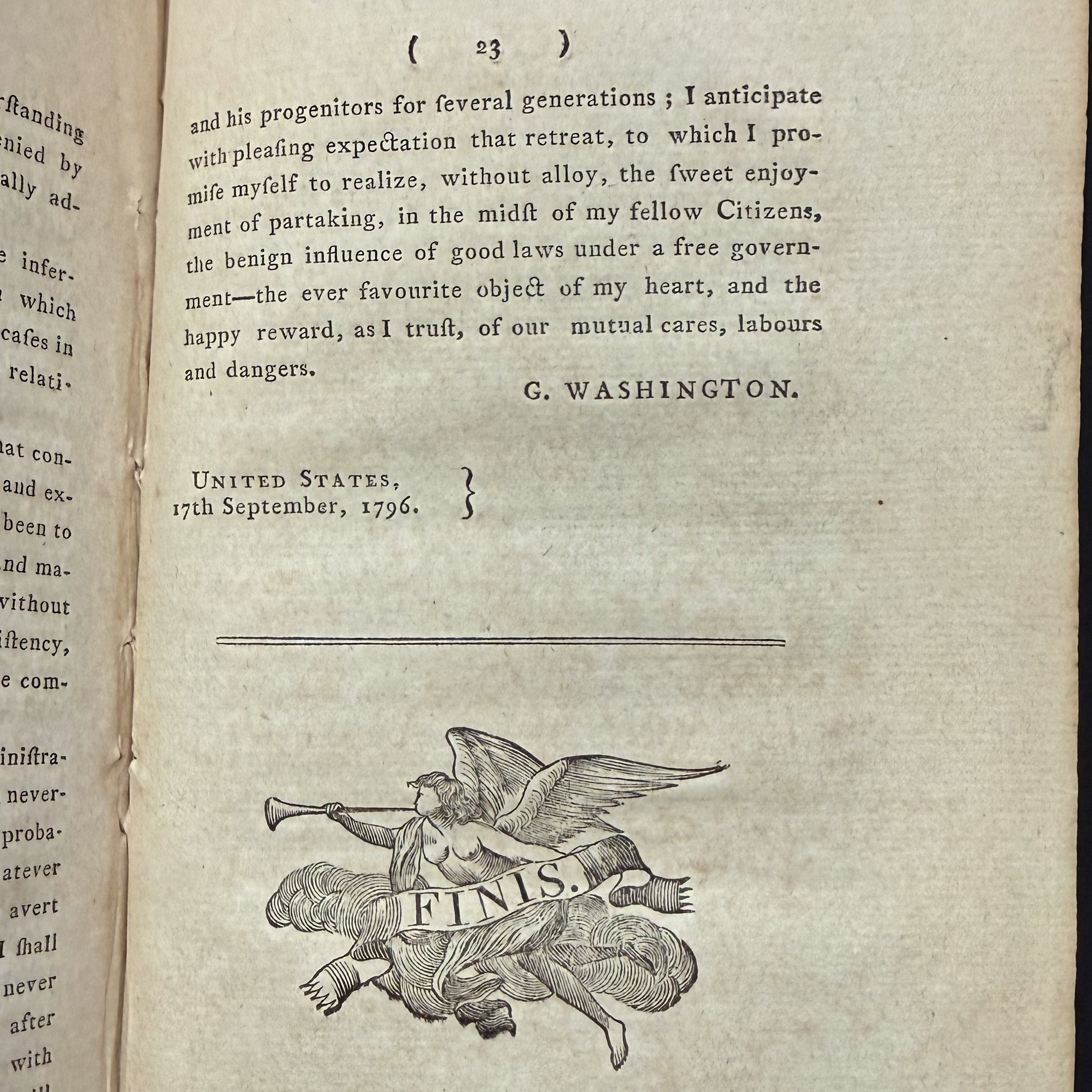 An early edition of George Washington's "Farewell Address," opened to the last page with an illustration of an angel blowing a trumpet at the bottom.