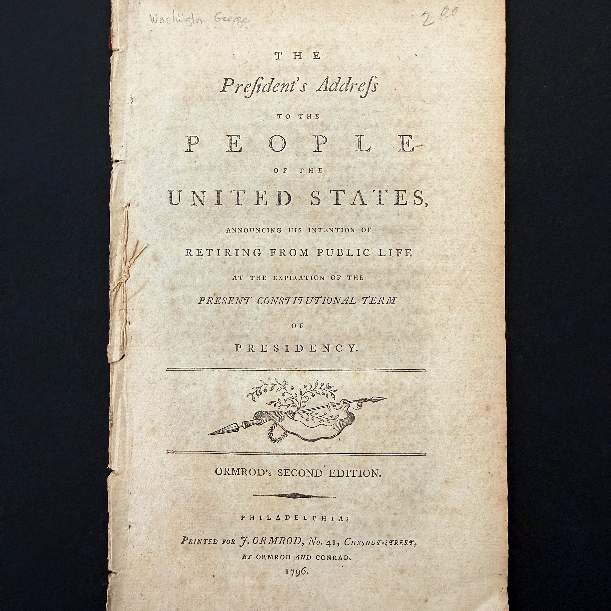 An early edition of George Washington's "Farewell Address," opened to the cover page.