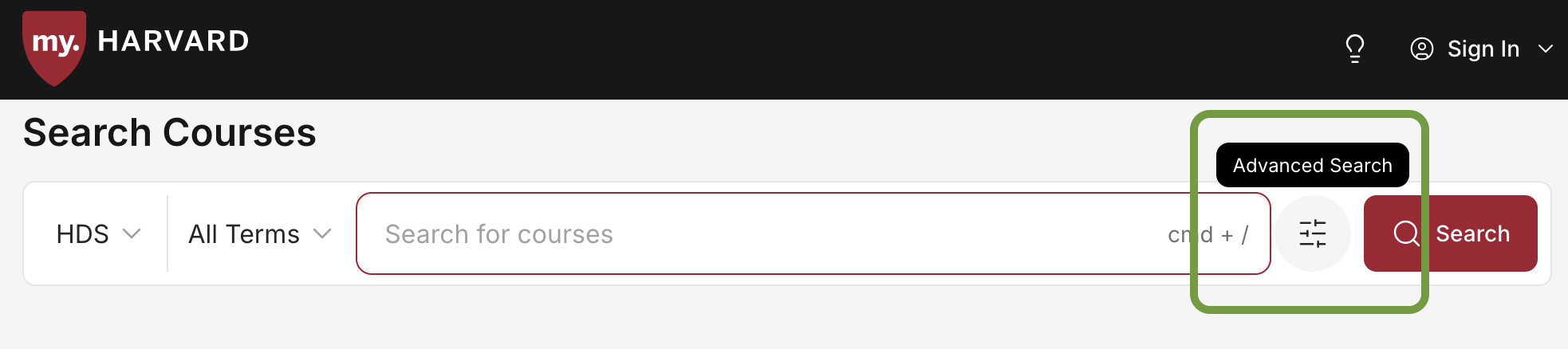 Screenshot of the my.Harvard course search showing the Advanced Search icon and tooltip on the right.