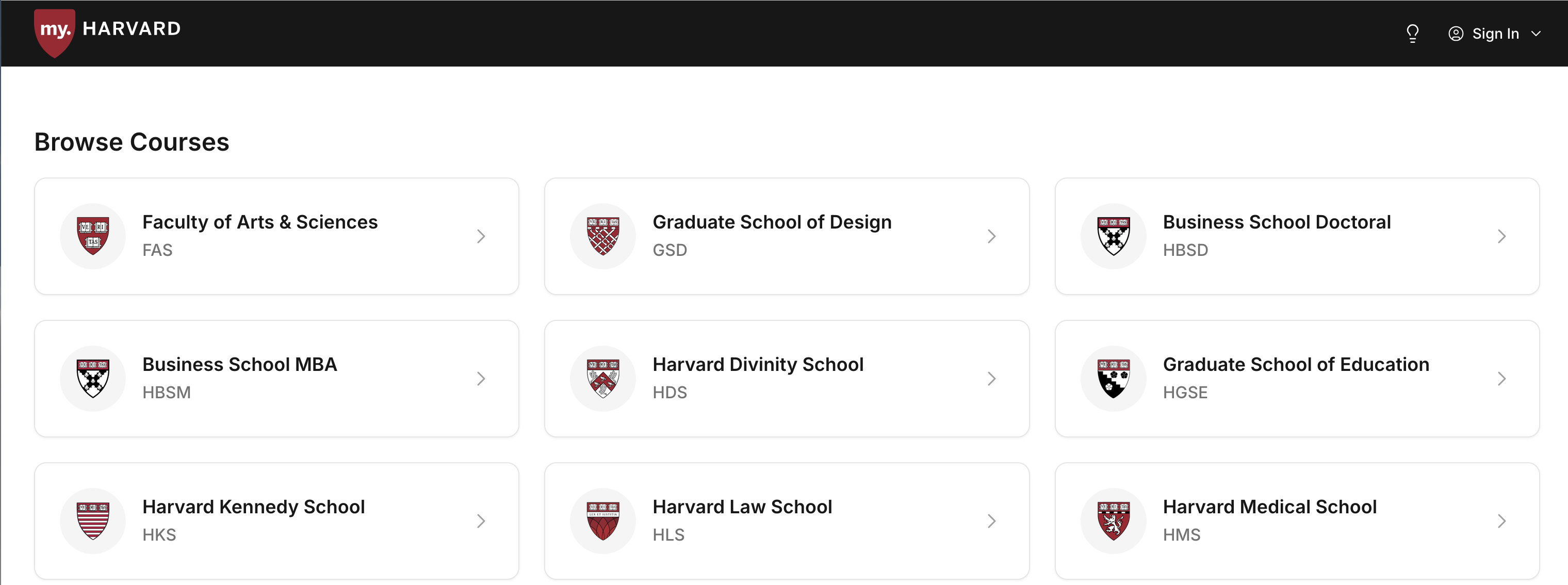 Screenshot of the Browse Courses section of the my.Harvard course search, showing a tile for HDS and other Harvard schools.