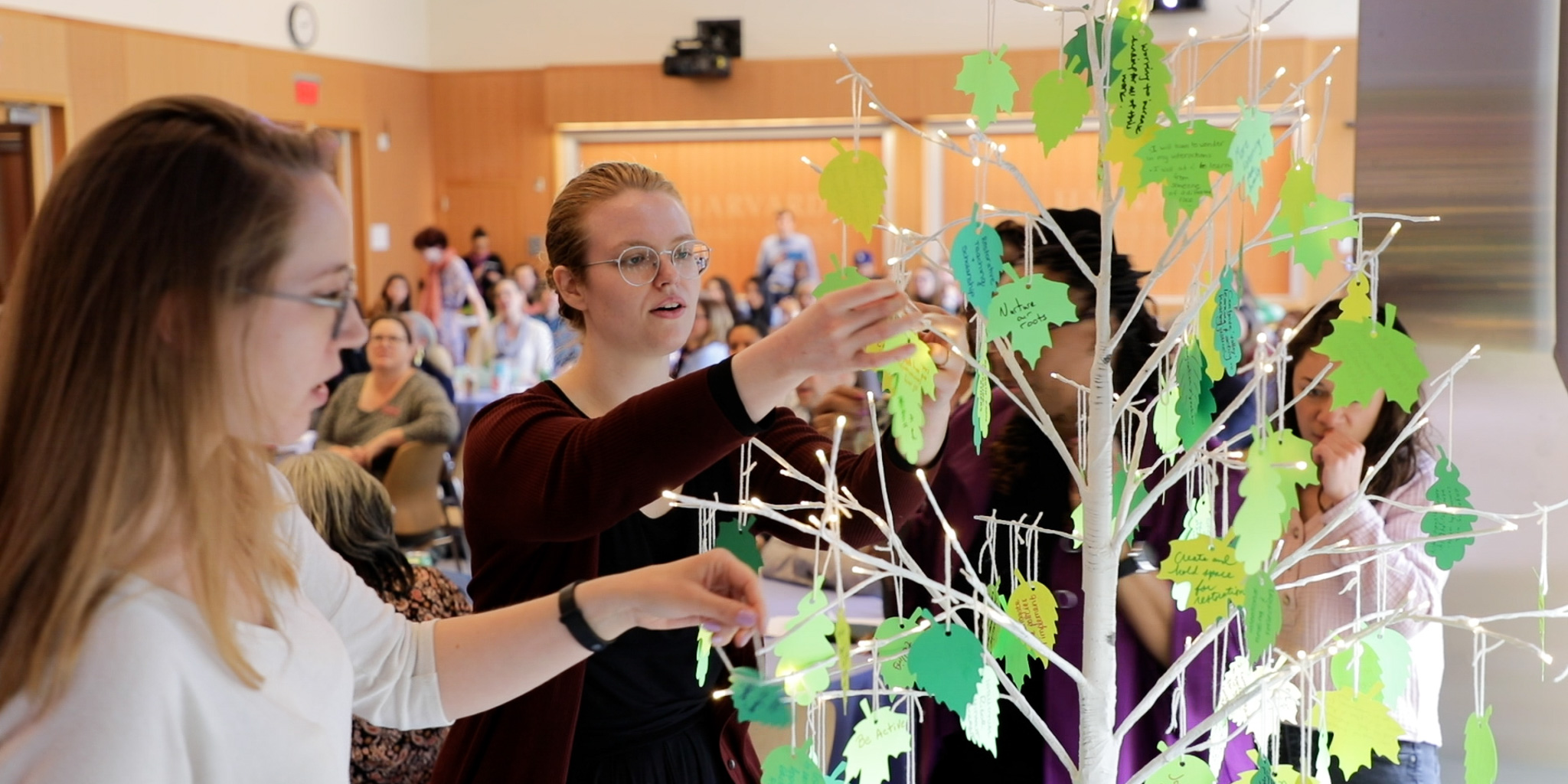 Students place paper leaves on a wired and twinkle light tree.