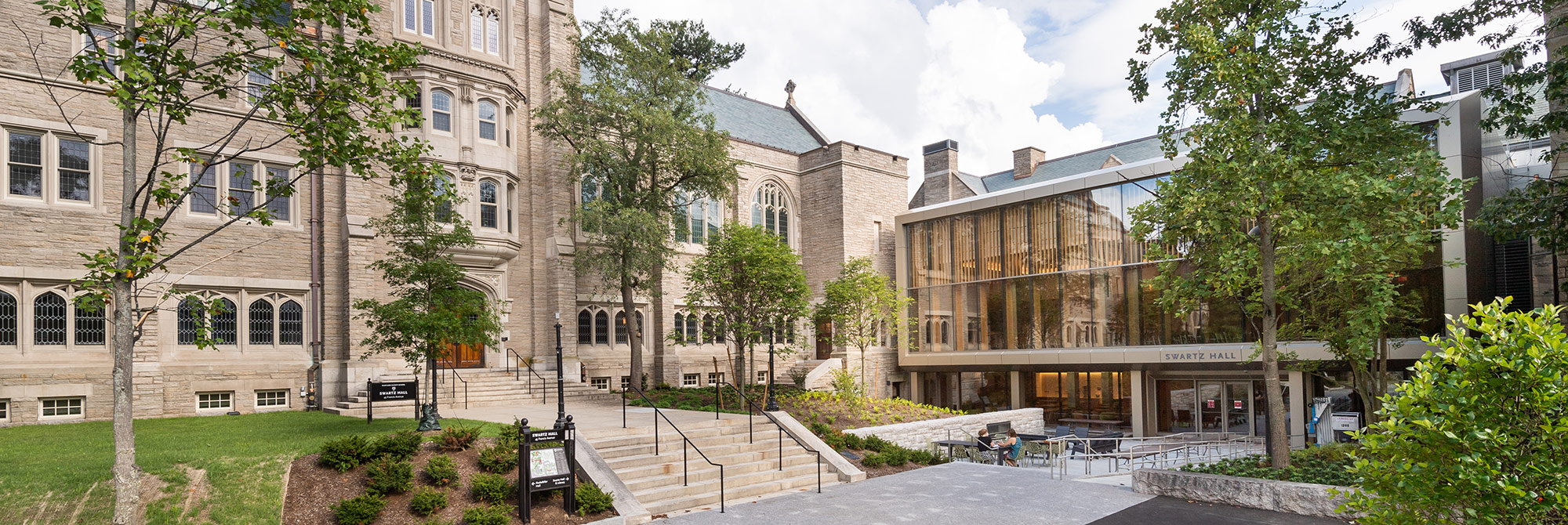 The newly completed Swartz Hall, showing both the new main entrance and the older original main wing