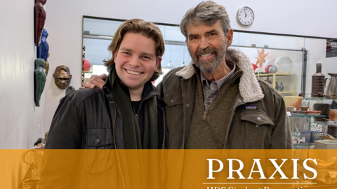 two people pose for photo with praxis podcast logo banner beneath