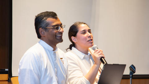Hindu monastics speaking at an HDS event