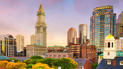 Boston, MA skyline at sunset