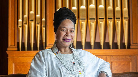 Tracey Hucks sitting inside Divinity Chapel