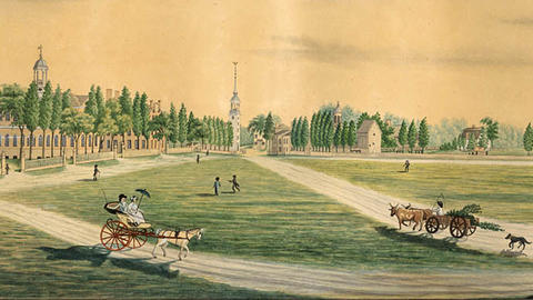 Comprehending a view of Harvard, 1808-1809. Cambridge Common from the Seat of Caleb Gannett, Esq. Credit: Harvard Digital Archives, HUV 2208