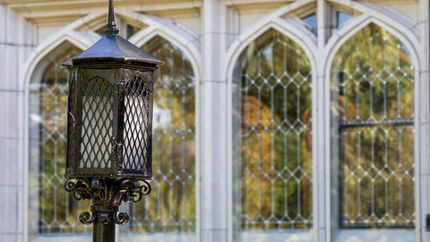 Decorative lantern outside Swartz Hall windows