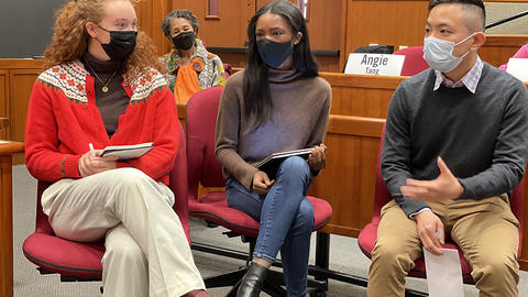 Charlotte McAdams, MTS candidate, left, seated with two other students from "The Spiritual Lives of Leaders" class.