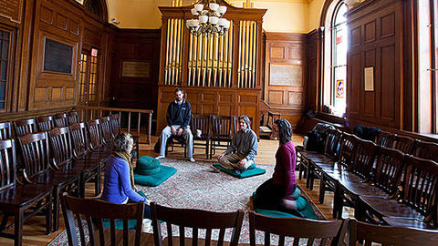 a group meditation in Emerson Chapel