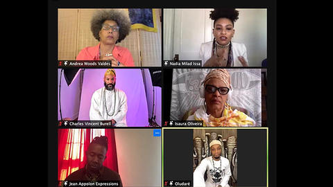 Six Zoom participants in the 2021 panel "Dancing Deities in the Diaspora"
