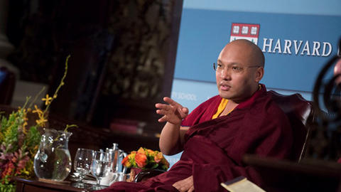 His Holiness the 17th Gyalwang Karmapa delivers the lecture inside Memorial Church. Photo: Kris Snibbe/Harvard Staff Photographer