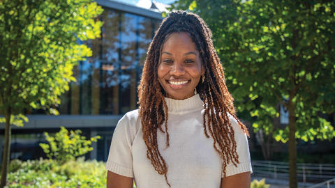 Shariah Anderson standing outside or Swartz Hall
