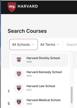 Screenshot of the my.Harvard Search Courses page. The schools field is expanded and Harvard Divinity School is selected.