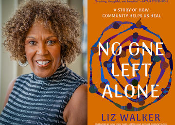 Liz Walker headshot next to book cover