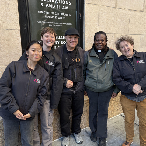 Audrey Zhou and Paige Scanlon with community members during summer field ed placement in San Francisco
