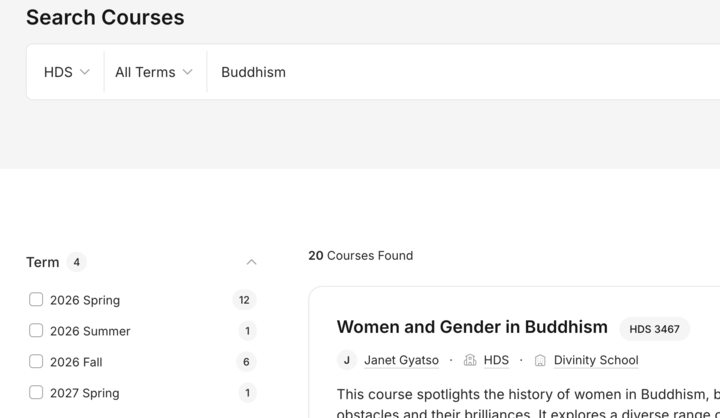 Screenshot of the my.Harvard Search Courses page, showing the term "Buddhism" in the search box and the Term facets expanded