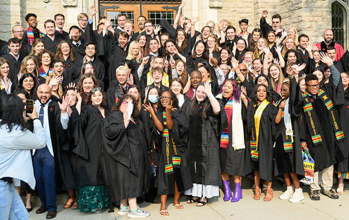 Students gathered on the steps of the Swartz Hall steps before the official class portrait