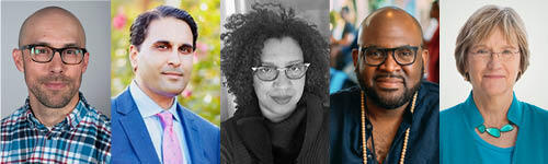 The 2021 Gomes Honorees: from left, Joshua Eaton, Omar Sultan Haque, Robin Coste Lewis, Rod Owens, and Drew Gilpin Faust