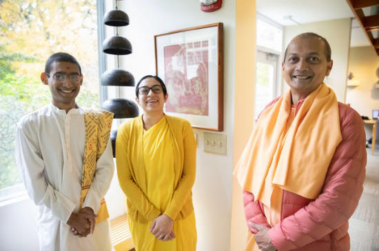 From left, Sadhak Akshar, Brahmacharini Shweta Chaitanya, and Swami Sarvapriyananda are pictured at the Center for the Study of World Religions in October 2019