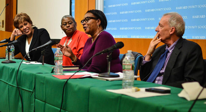 Monalisa Smith, of Mothers for Justice and Equality, answers a question from the audience while on a panel with Rev. Liz Walker, Clementina Chéry, and Stanley Pollack