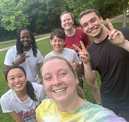 Matty Murphy, MTS '26, far right, with Grace Sill, MDiv '26, Eddie Moreira, Maddison Tenney, MTS '25, Shir Lovett-Graff, MTS '24, and Kidron Martin, MTS '25