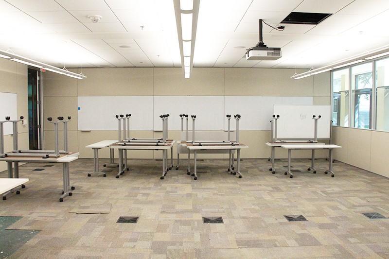 Tables in empty Oxford Street classroom