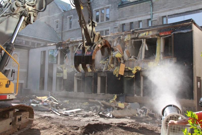 Exterior demolition of Swartz Hall cloister link
