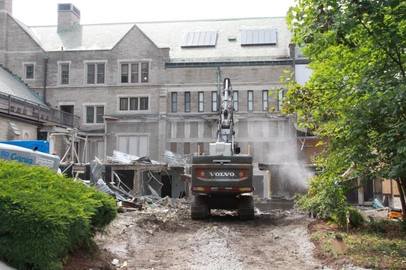 View of Swartz Hall with cloister link mostly demolished