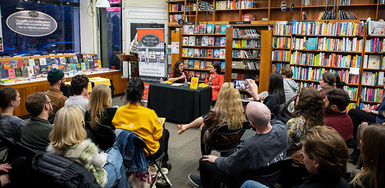 Crowd gathered in Harvard Book Store
