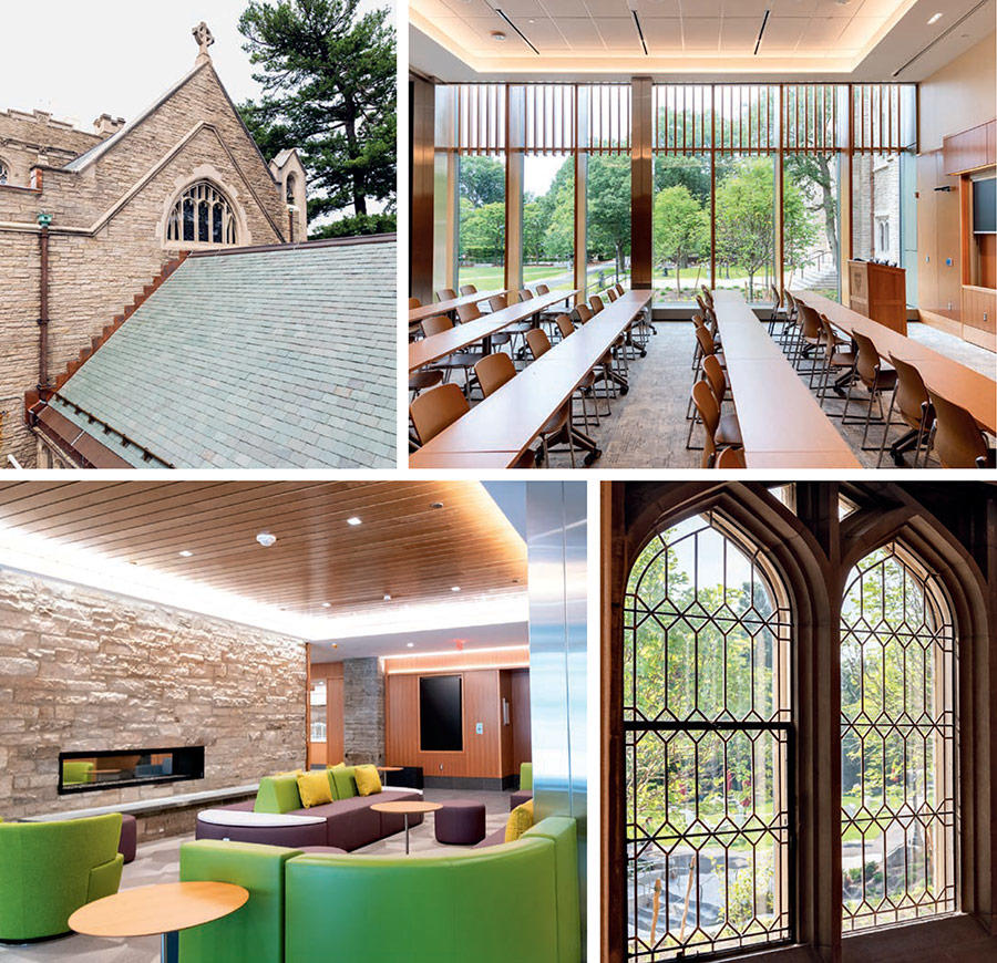 Collage showing new slate roof, new large classroom, new fireplace and sitting area, old gothic windows