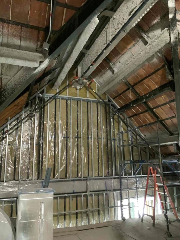Roof of old stack wing under construction in Swartz Hall