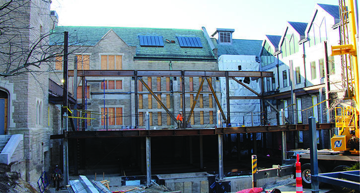 Construction at Swartz Hall on the new multiuse space and proposed café in early 2020