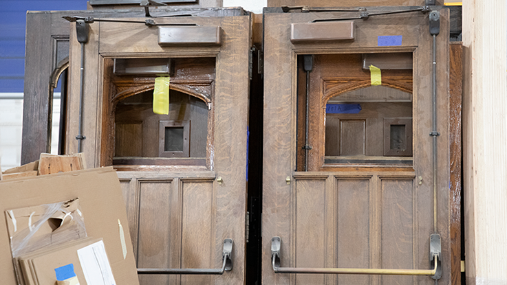 Old doors from Swartz Hall renewal project at Mark Richey Woodworking