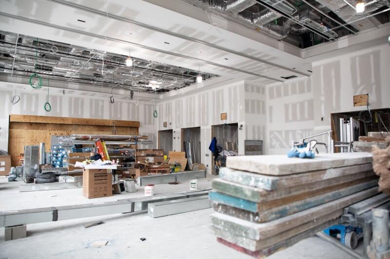 Swartz Hall multipurpose room interior under construction
