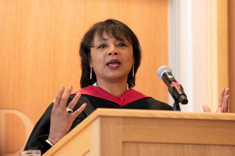 Radcliffe Dean Tomiko Brown-Nagin speaking at a podium.