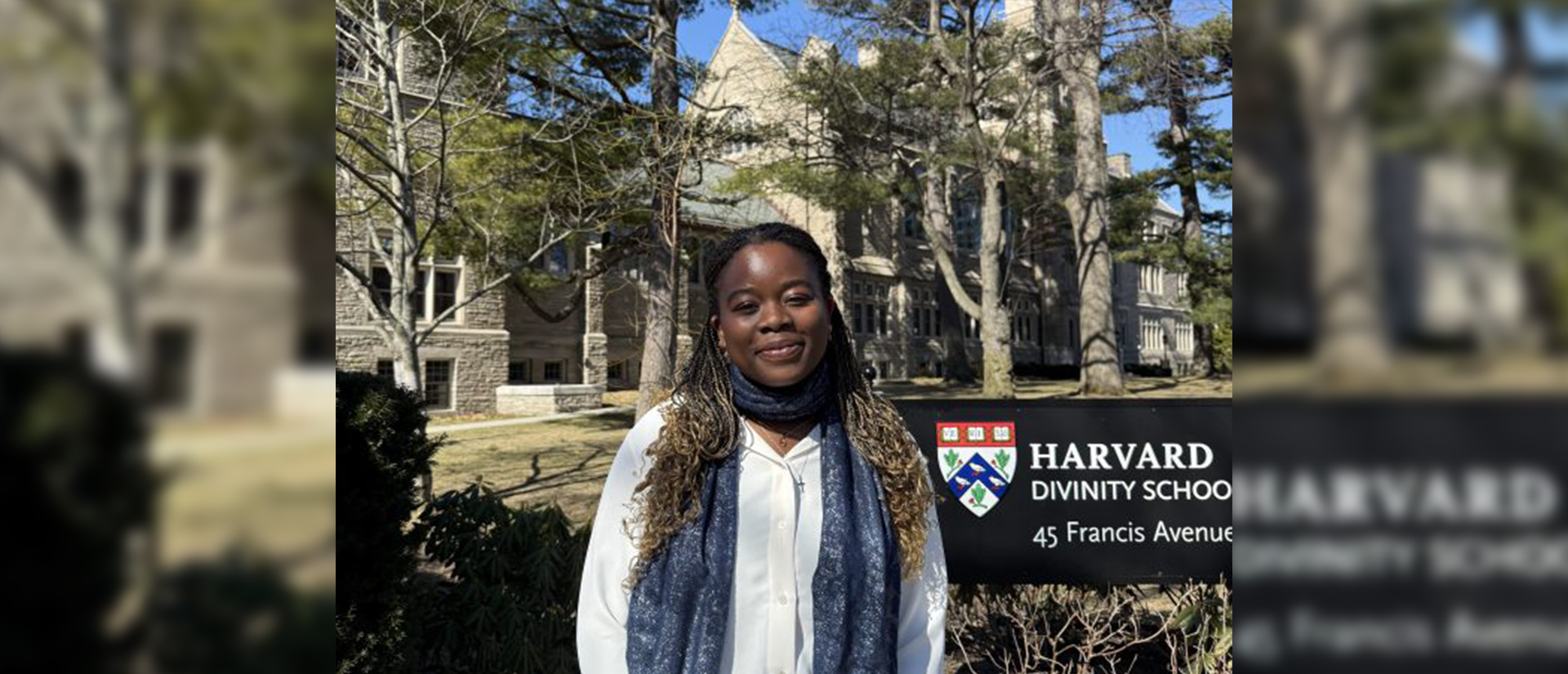 Sarah in front of Swartz Hall at Harvard Divinity School
