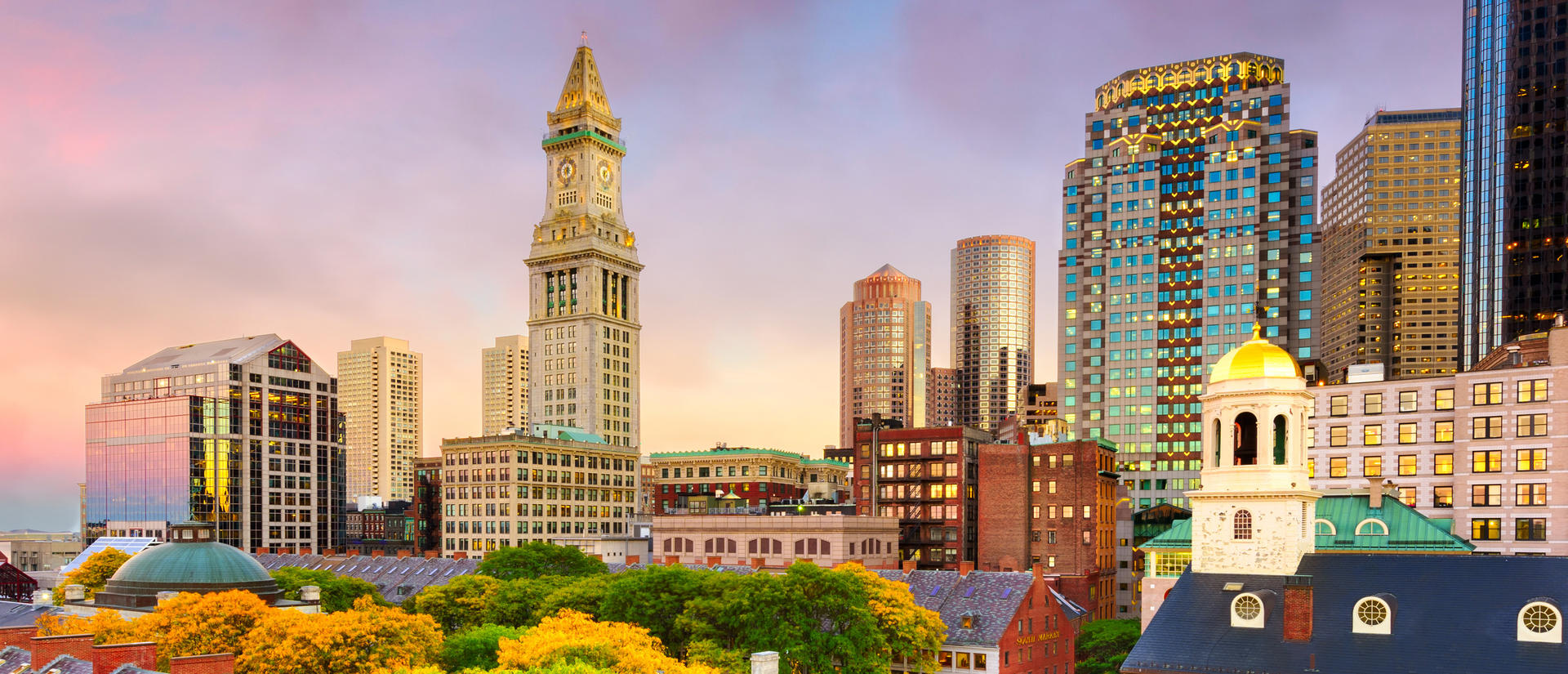 Boston, MA skyline at sunset