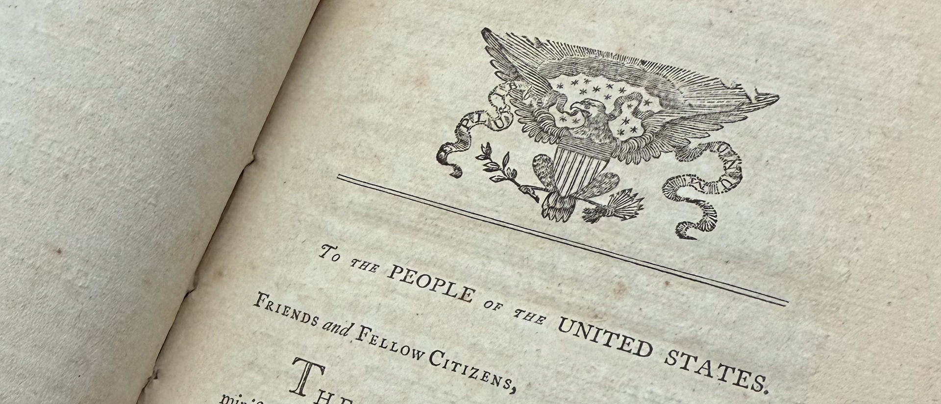 An early edition of George Washington's "Farewell Address," opened to the cover page.