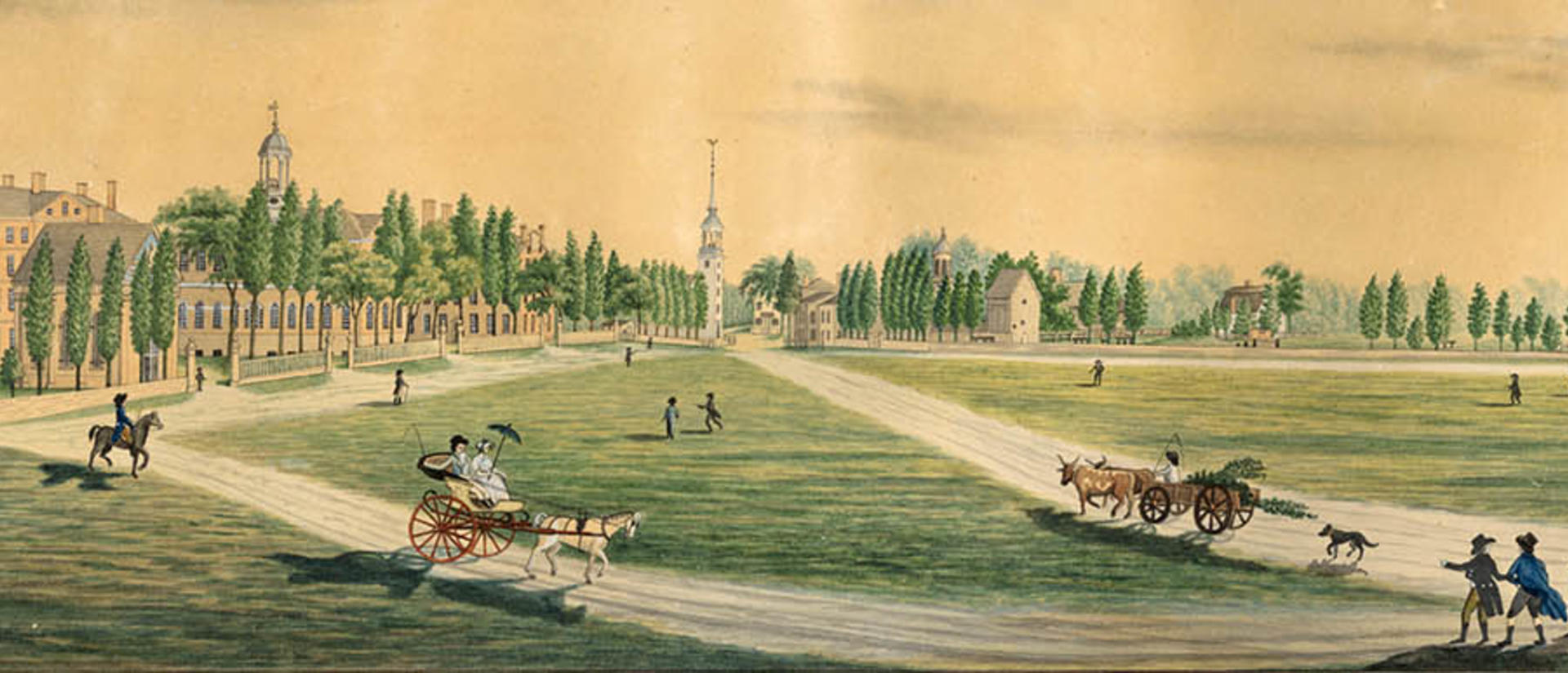 Comprehending a view of Harvard, 1808-1809. Cambridge Common from the Seat of Caleb Gannett, Esq. Credit: Harvard Digital Archives, HUV 2208