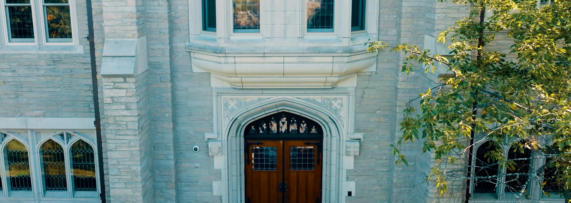 The front door of Swartz Hall from above